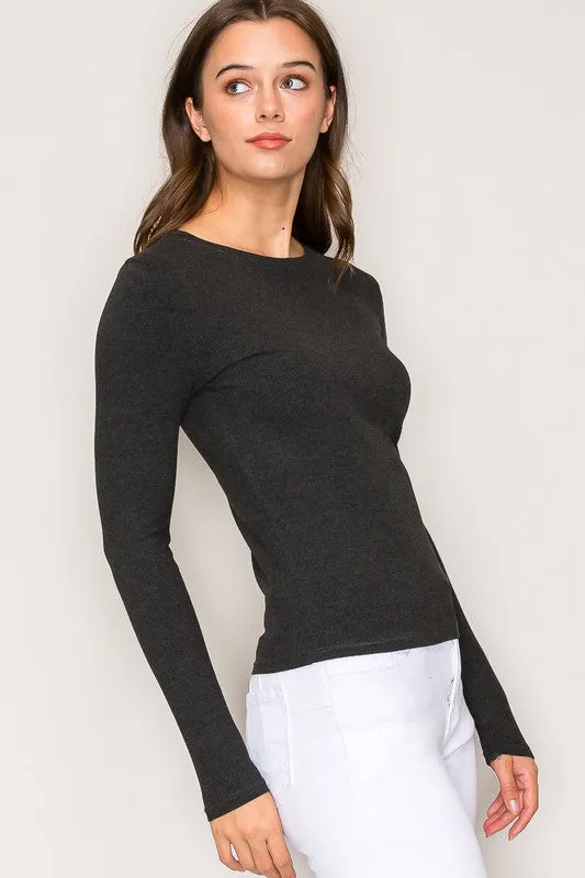 9509 Crew Neck Rayon Ribbed Long Sleeve in Charcoal