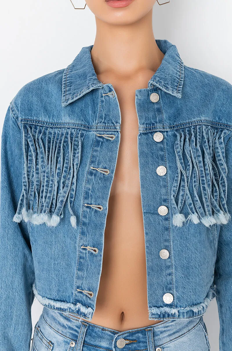 A LITTLE BIT COUNTRY DENIM FRINGE JACKET