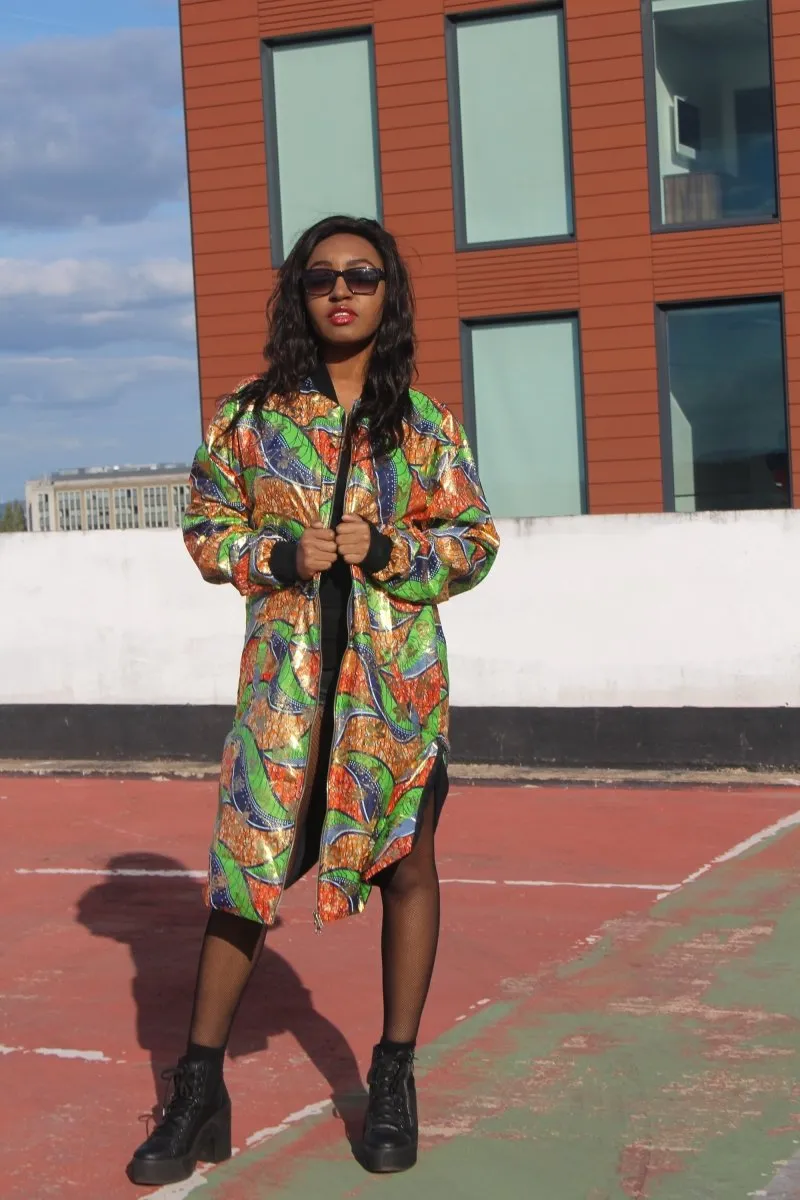 African Trench Coat in Gold Green Ankara Print