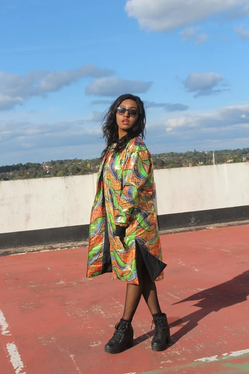 African Trench Coat in Gold Green Ankara Print