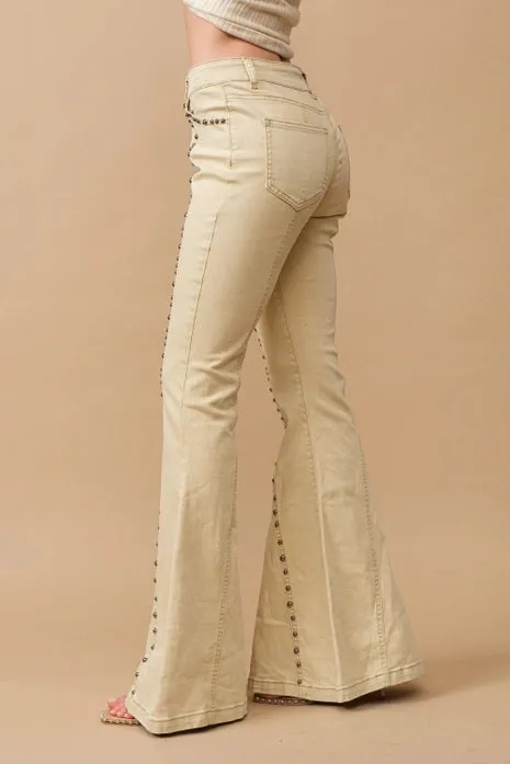 Antique Gold Metal Studs Flared Jeans