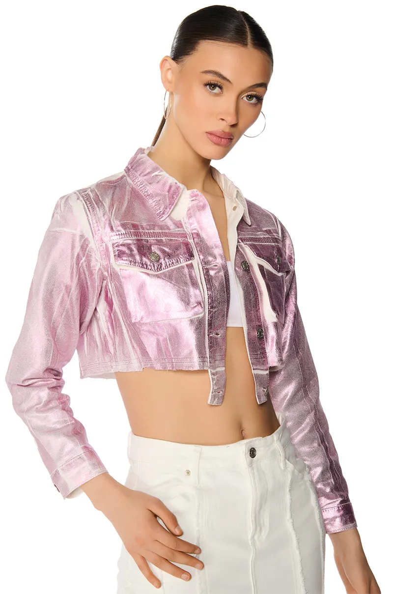 AUBREY BRUSHED METALLIC CROPPED DENIM JACKET IN PINK