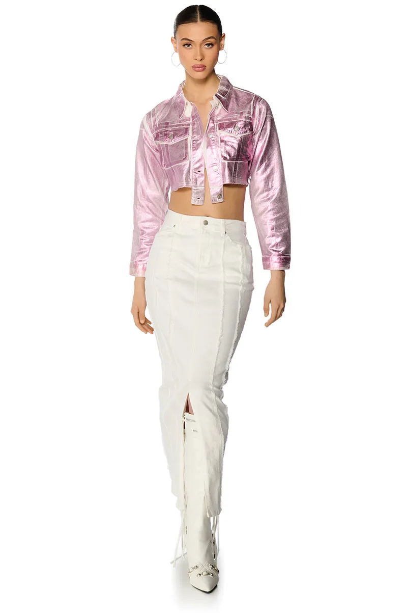 AUBREY BRUSHED METALLIC CROPPED DENIM JACKET IN PINK