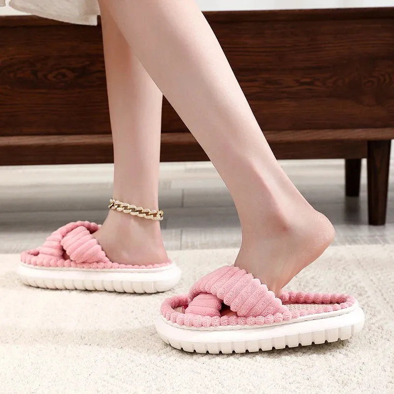 Autumn Winter New Women Home Slippers Open-Toe Cross Band Linen Soled Indoor Slides Linen Soled Non-Slip Bathroom Slippers