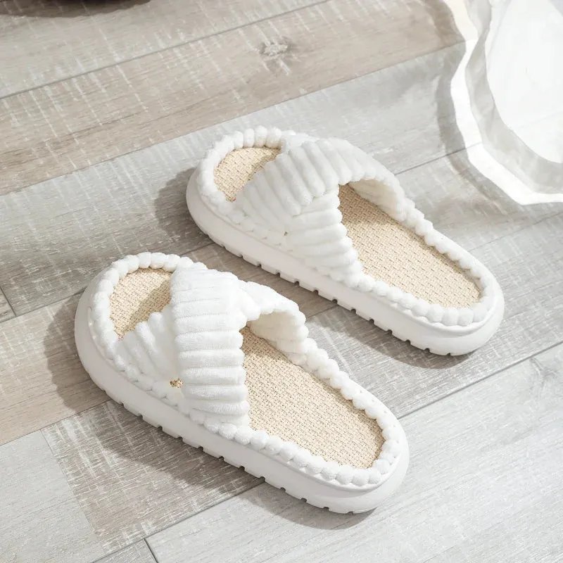 Autumn Winter New Women Home Slippers Open-Toe Cross Band Linen Soled Indoor Slides Linen Soled Non-Slip Bathroom Slippers