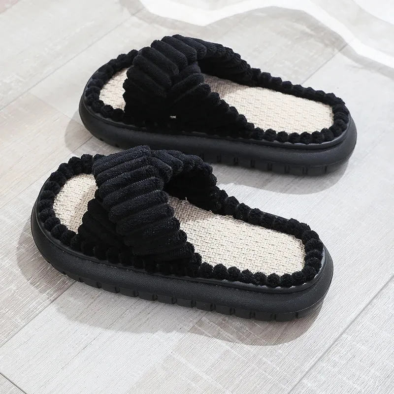 Autumn Winter New Women Home Slippers Open-Toe Cross Band Linen Soled Indoor Slides Linen Soled Non-Slip Bathroom Slippers