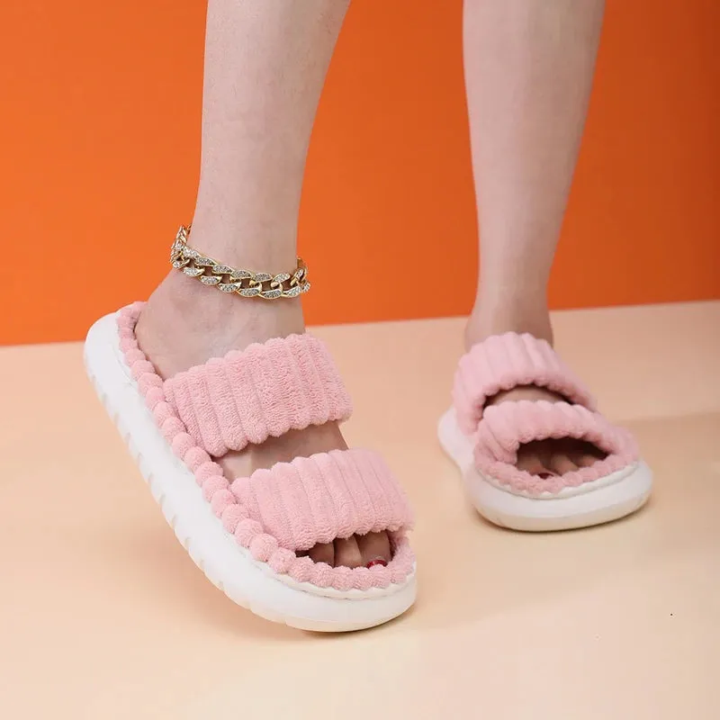 Autumn Winter New Women Home Slippers Open-Toe Cross Band Linen Soled Indoor Slides Linen Soled Non-Slip Bathroom Slippers