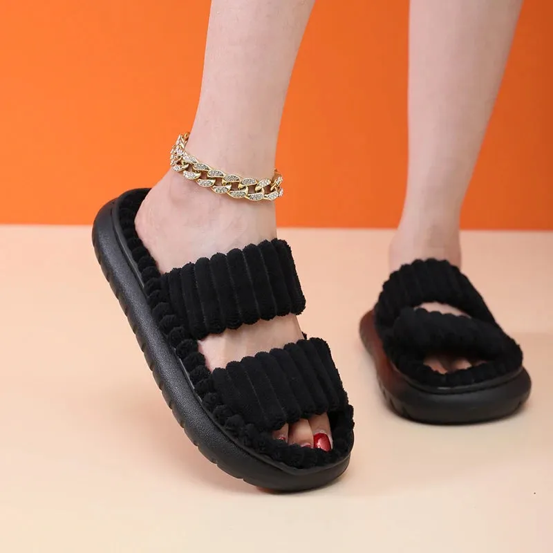 Autumn Winter New Women Home Slippers Open-Toe Cross Band Linen Soled Indoor Slides Linen Soled Non-Slip Bathroom Slippers