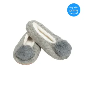 Ballerina Knit Pom Womens Plush Lined Cozy Non Slip Indoor Soft Slipper - Grey, Large