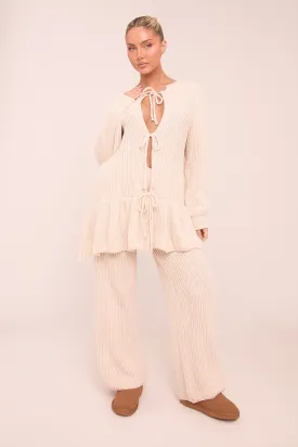 Beige Knit Tie Front Frill Hem Cardigan & Straight Leg Trouser Loungewear Co-ord Set - Julianna