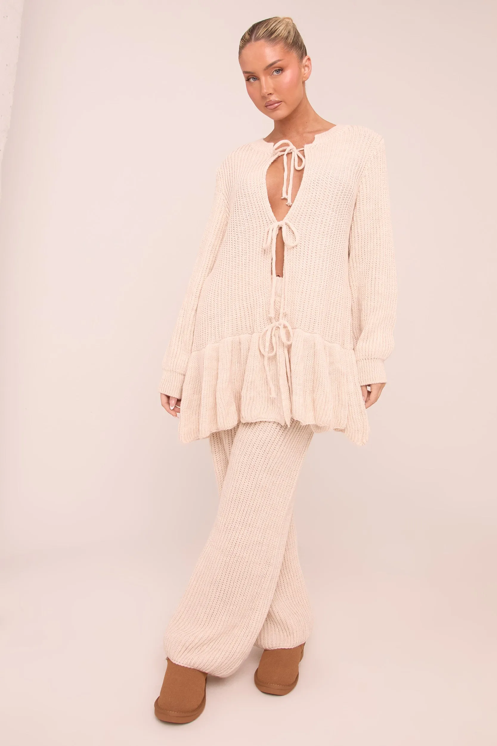 Beige Knit Tie Front Frill Hem Cardigan & Straight Leg Trouser Loungewear Co-ord Set - Julianna