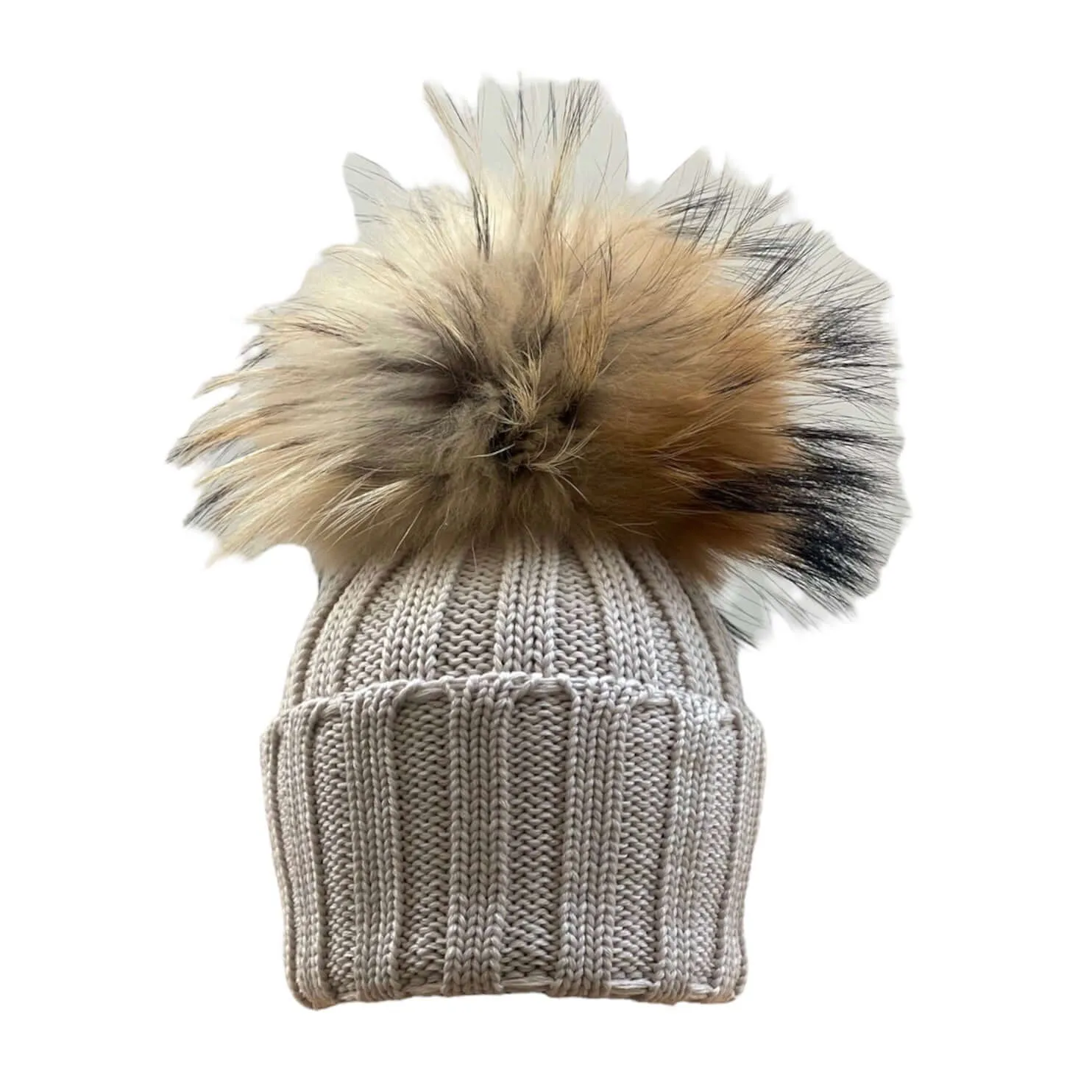 Beige Marino Wool Fur Pom Pom Hat