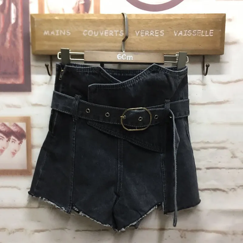 Belted Sexy Irregular Denim Shorts Jeans