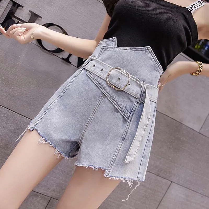 Belted Sexy Irregular Denim Shorts Jeans