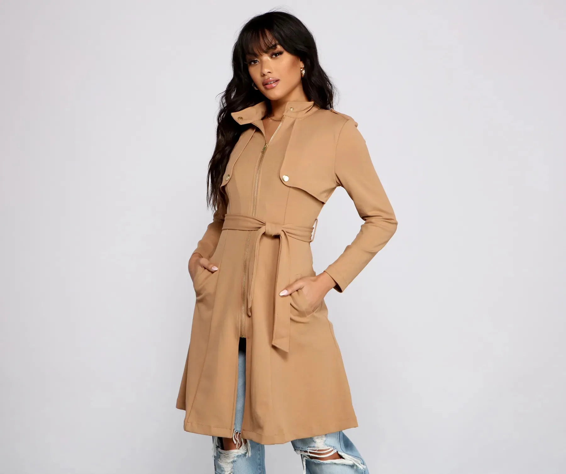 Belted Sophistication Crepe Trench Dress