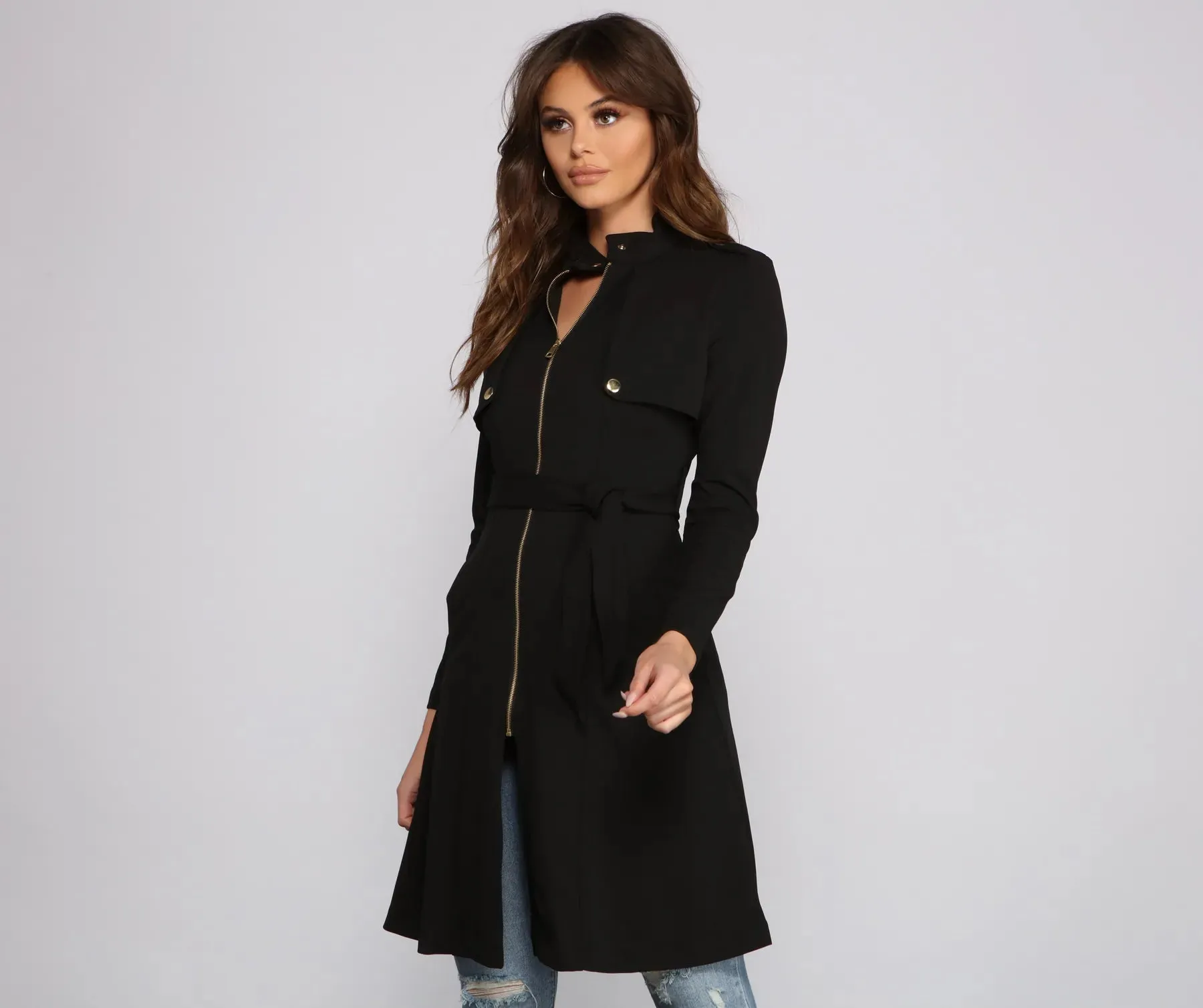 Belted Sophistication Crepe Trench Dress