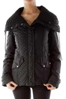 Black Buttoned Pocketed Padded Jacket