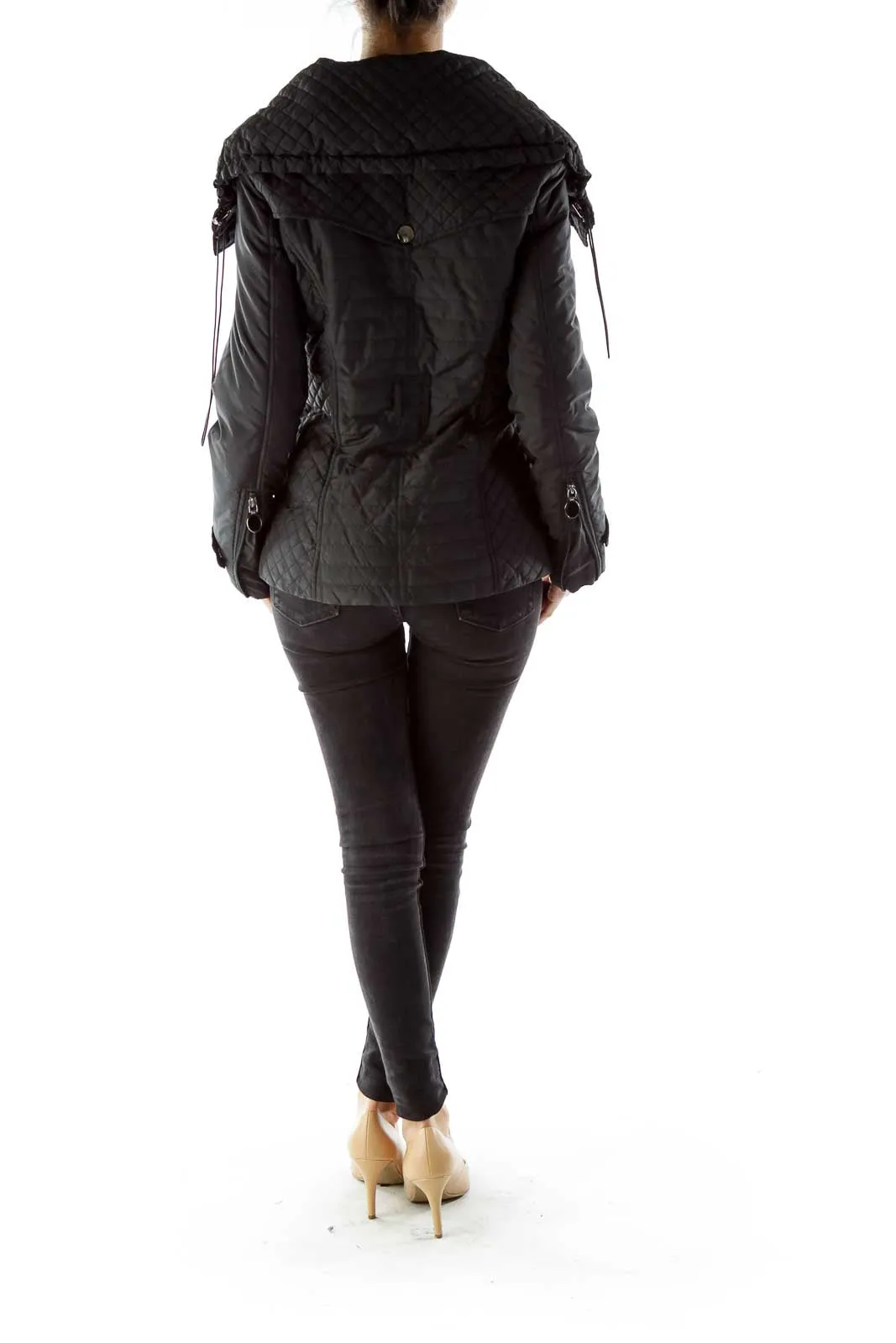 Black Buttoned Pocketed Padded Jacket