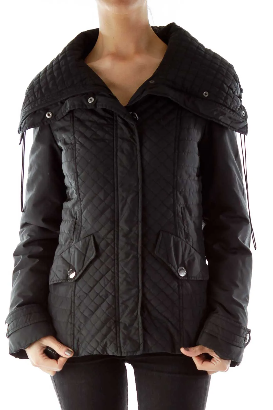 Black Buttoned Pocketed Padded Jacket