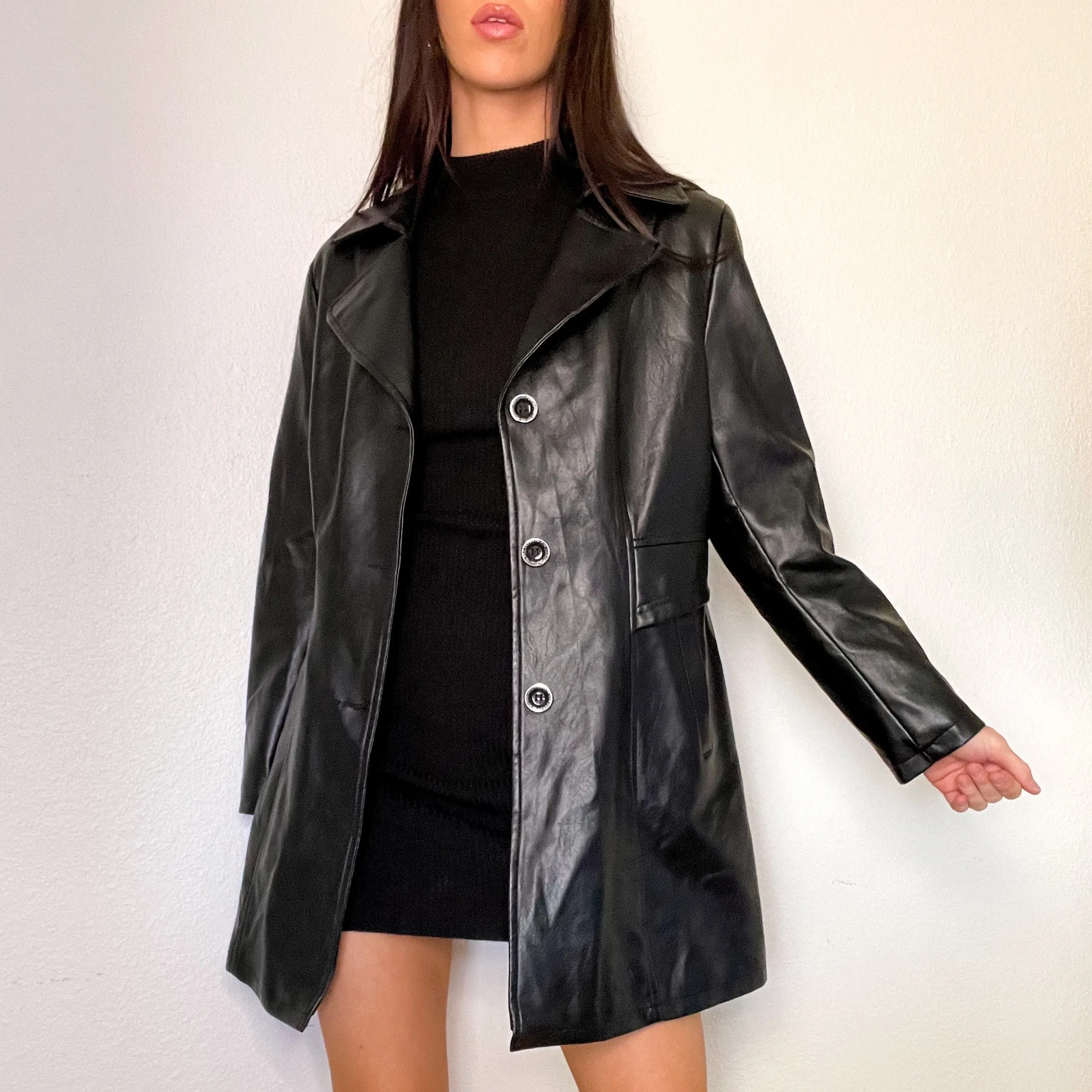 Black Genuine Leather Trench Coat Jacket (M/L)