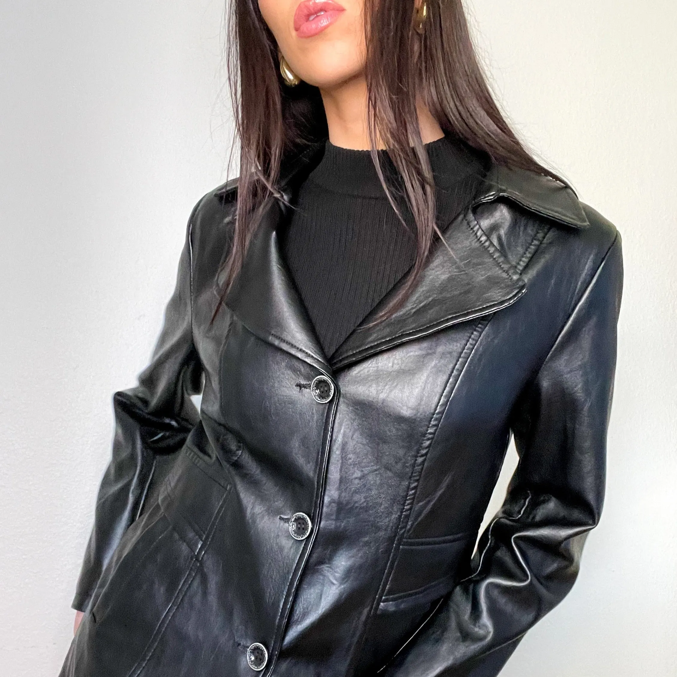 Black Genuine Leather Trench Coat Jacket (M/L)