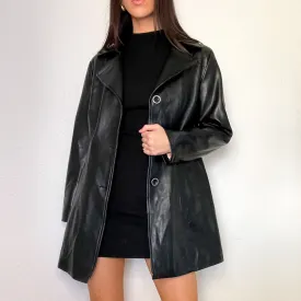 Black Genuine Leather Trench Coat Jacket (M/L)