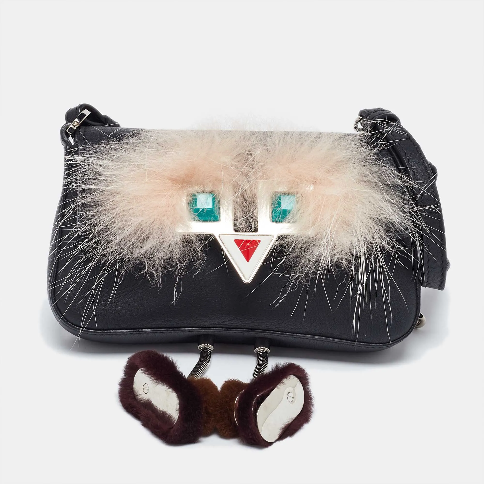 Black Leather and Fur Micro Monster Baguette Bag