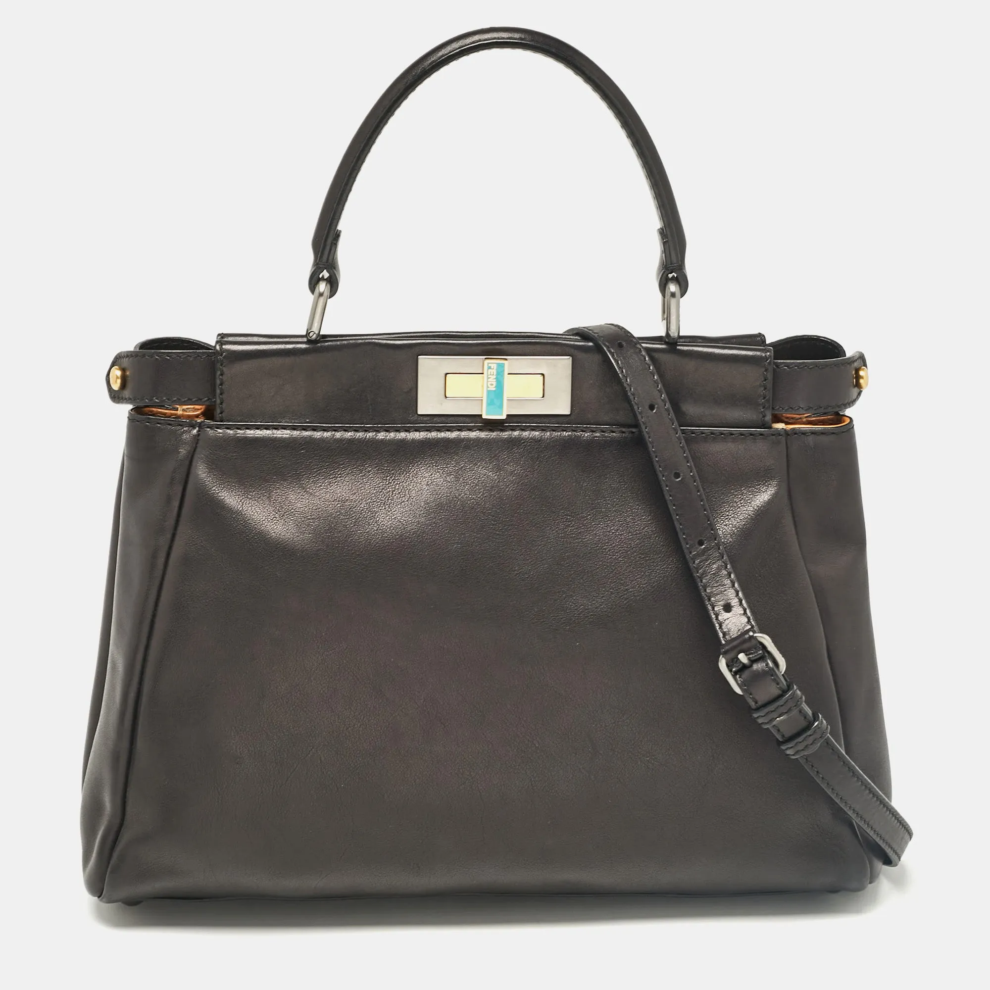 Black Leather Medium Peekaboo Top Handle Bag