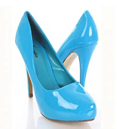 Blue Patent Faux Leather Pointed Closed Toe Pump Heels