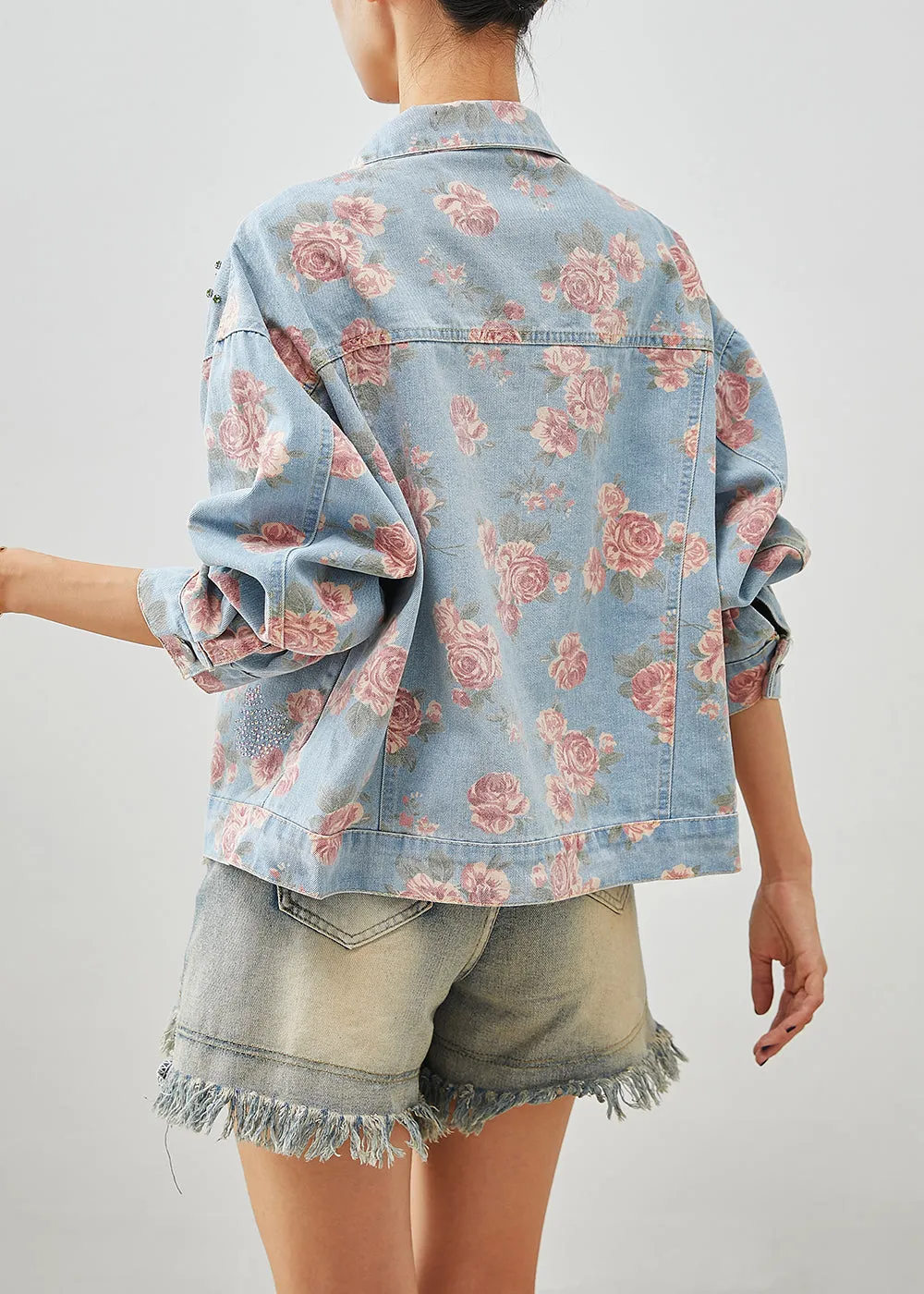 Boutique Blue Nail Bead Rose Print Denim Coats Fall ML1973