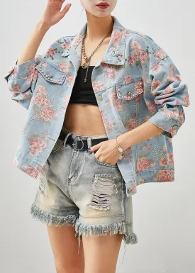 Boutique Blue Nail Bead Rose Print Denim Coats Fall ML1973