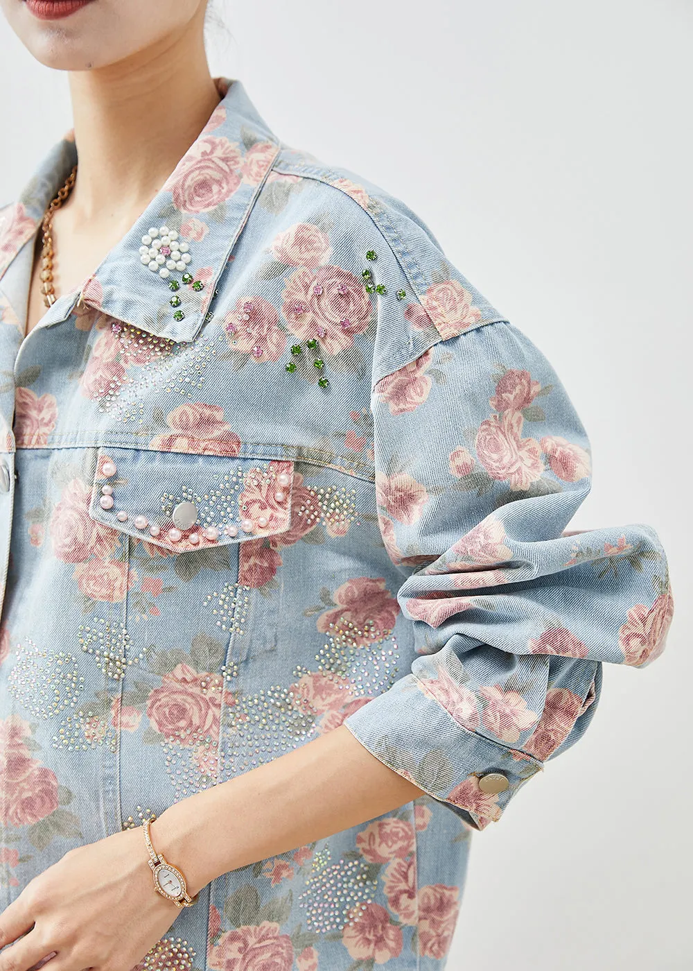 Boutique Blue Nail Bead Rose Print Denim Coats Fall ML1973