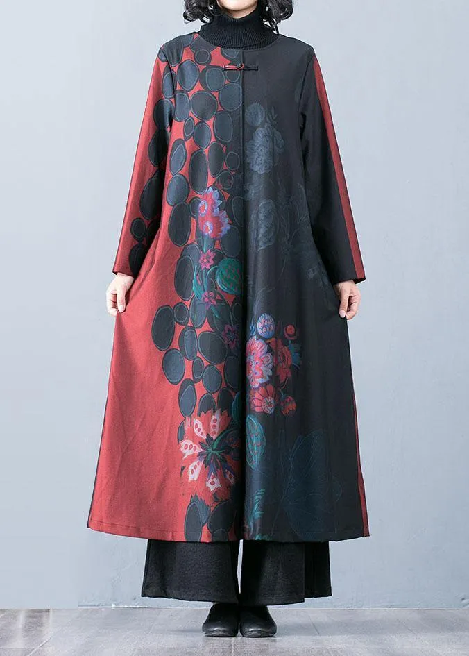 boutique oversized red maxi coat fall trench coats prints o neck Chinese Button outwear