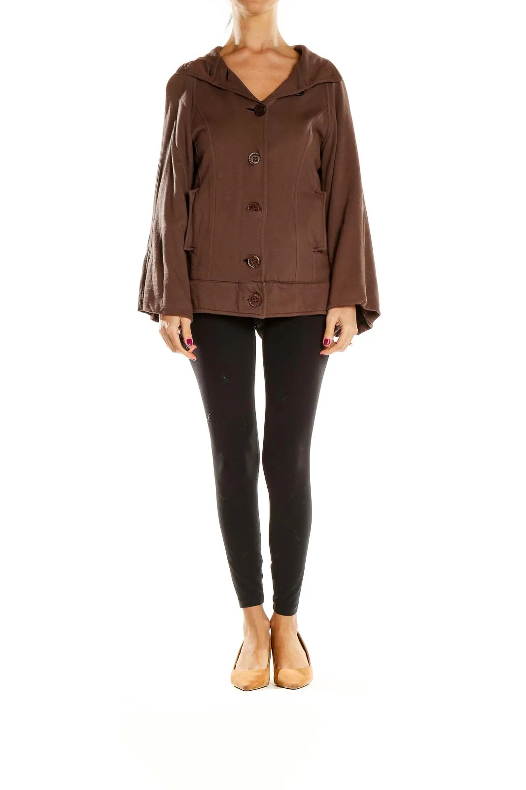 Brown Button-Front Hooded Jacket