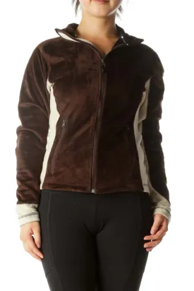 Brown Color Block Textured Zip Jacket