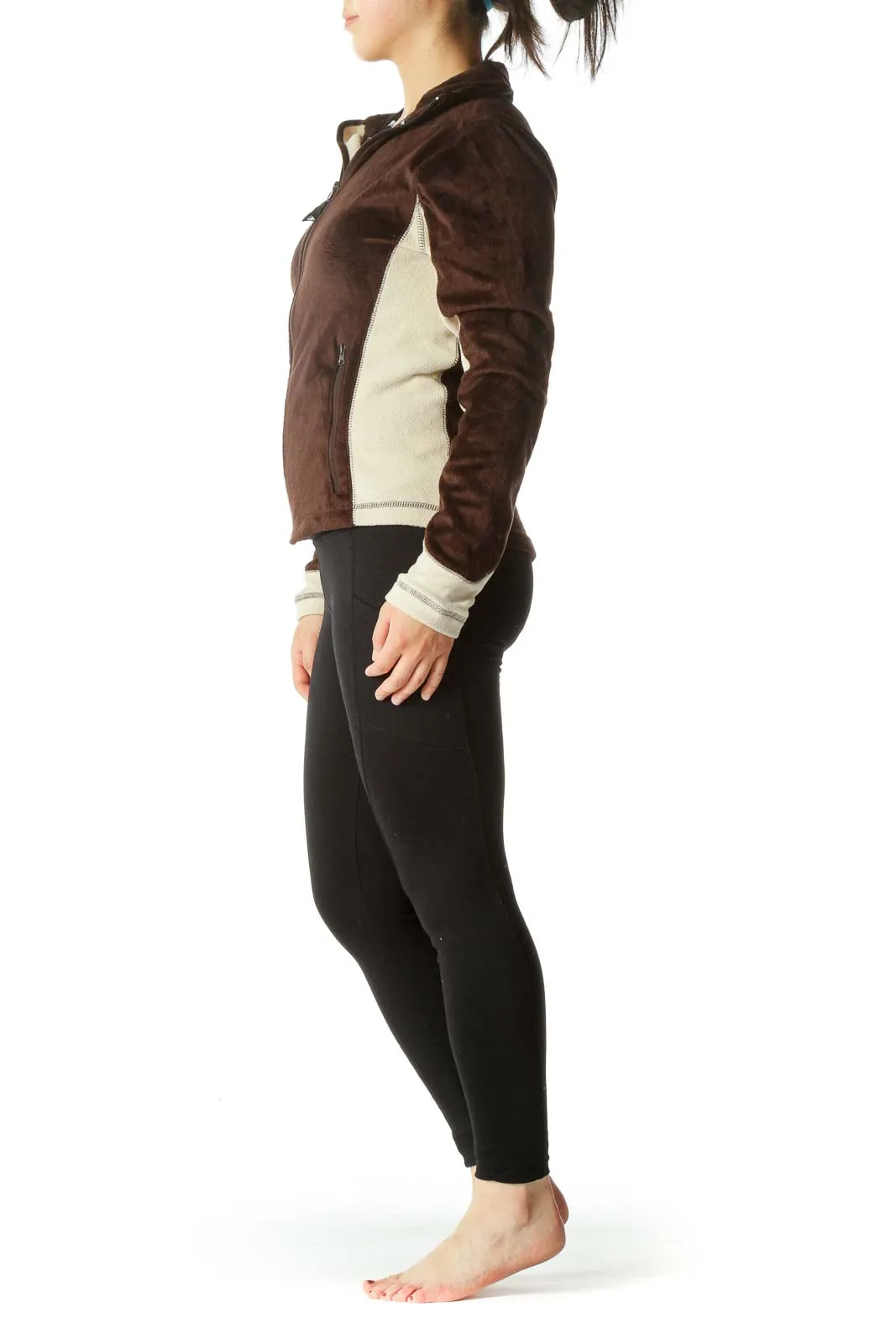 Brown Color Block Textured Zip Jacket