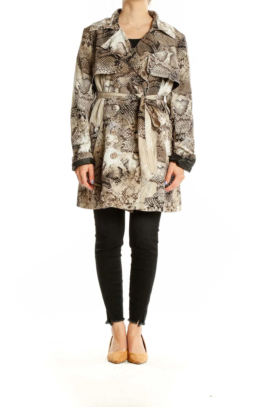 Brown Snake Print Belted Trench Coat