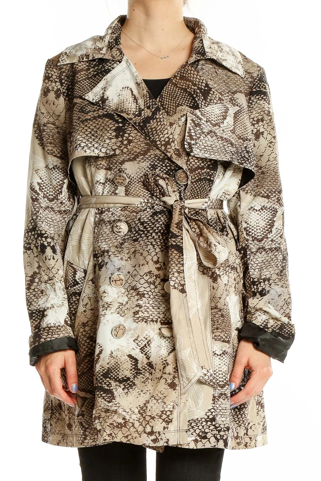 Brown Snake Print Belted Trench Coat