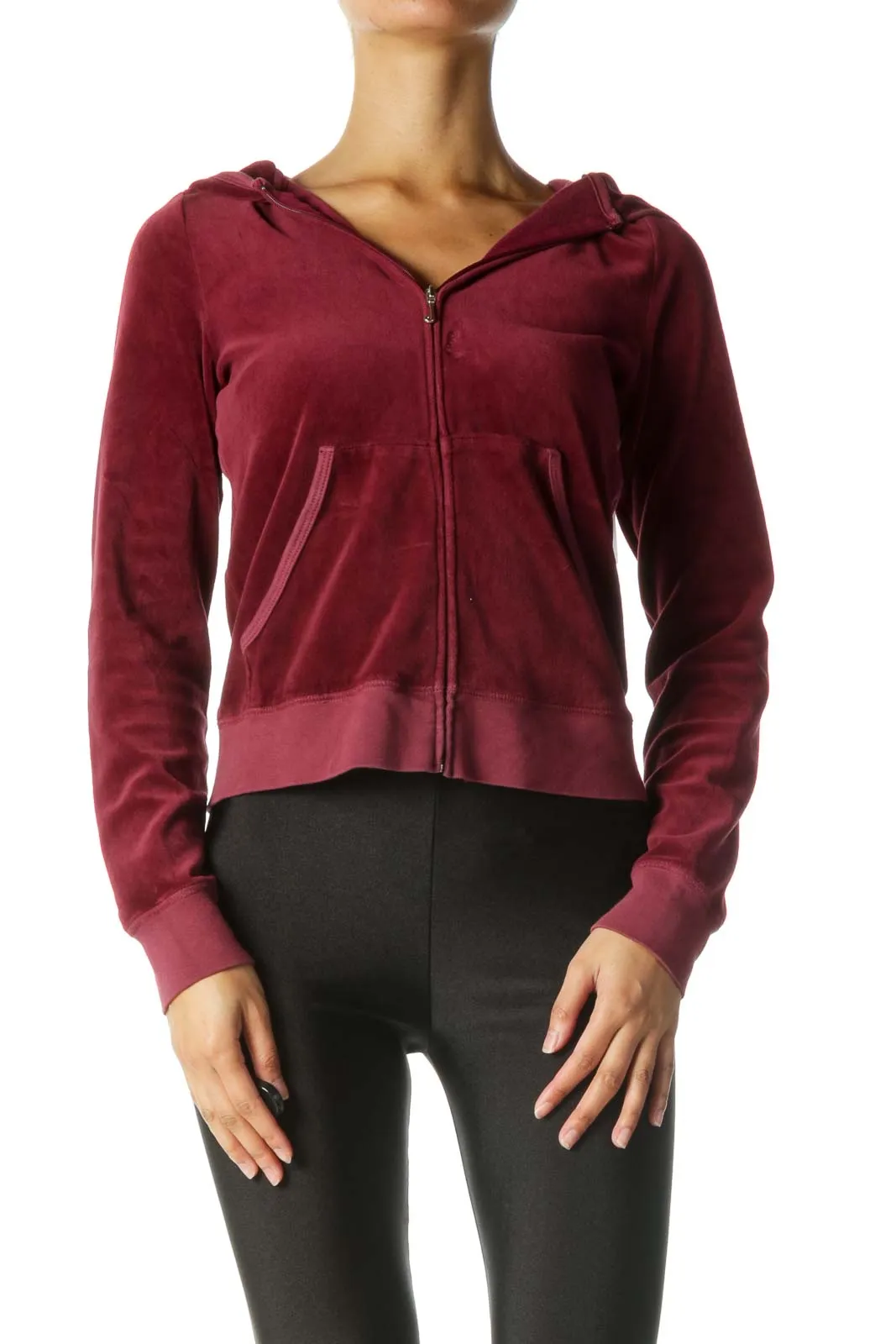 Burgundy Hooded Zippered Fitted Jacket