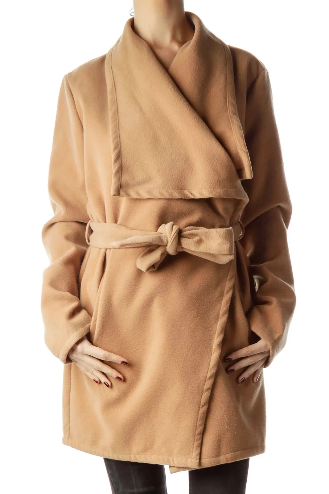 Camel Brown Collared Long Belted Coat