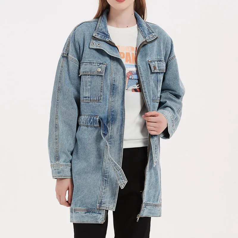 Casual Denim Long Coat Women Wholesale With Elastic Belt