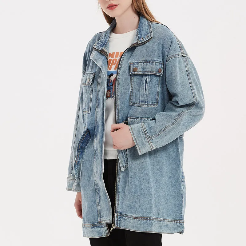 Casual Denim Long Coat Women Wholesale With Elastic Belt