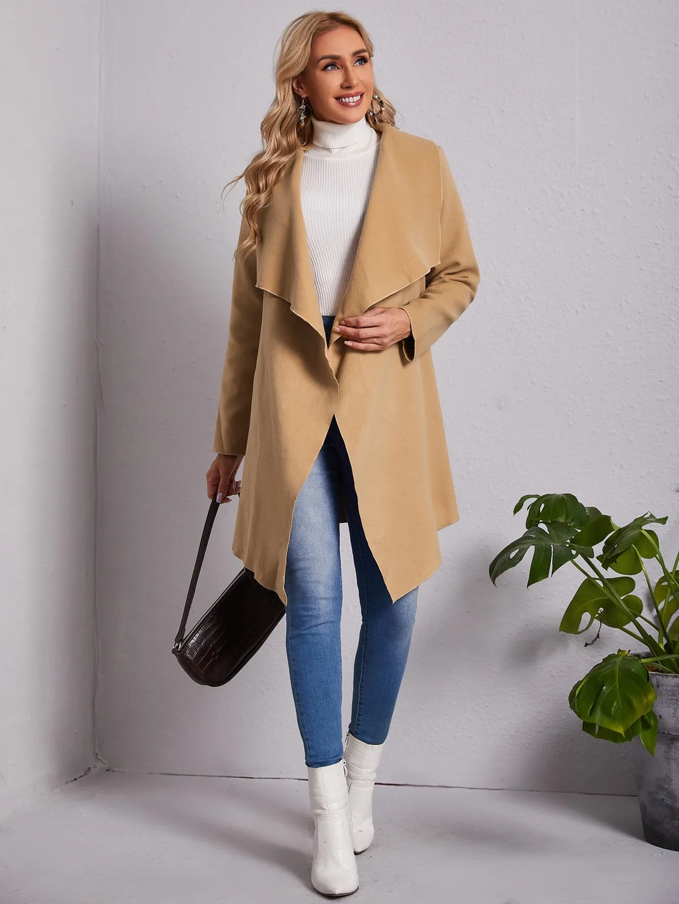 Casual Plain Belted Long Sleeve Waterfall Short Women Coat