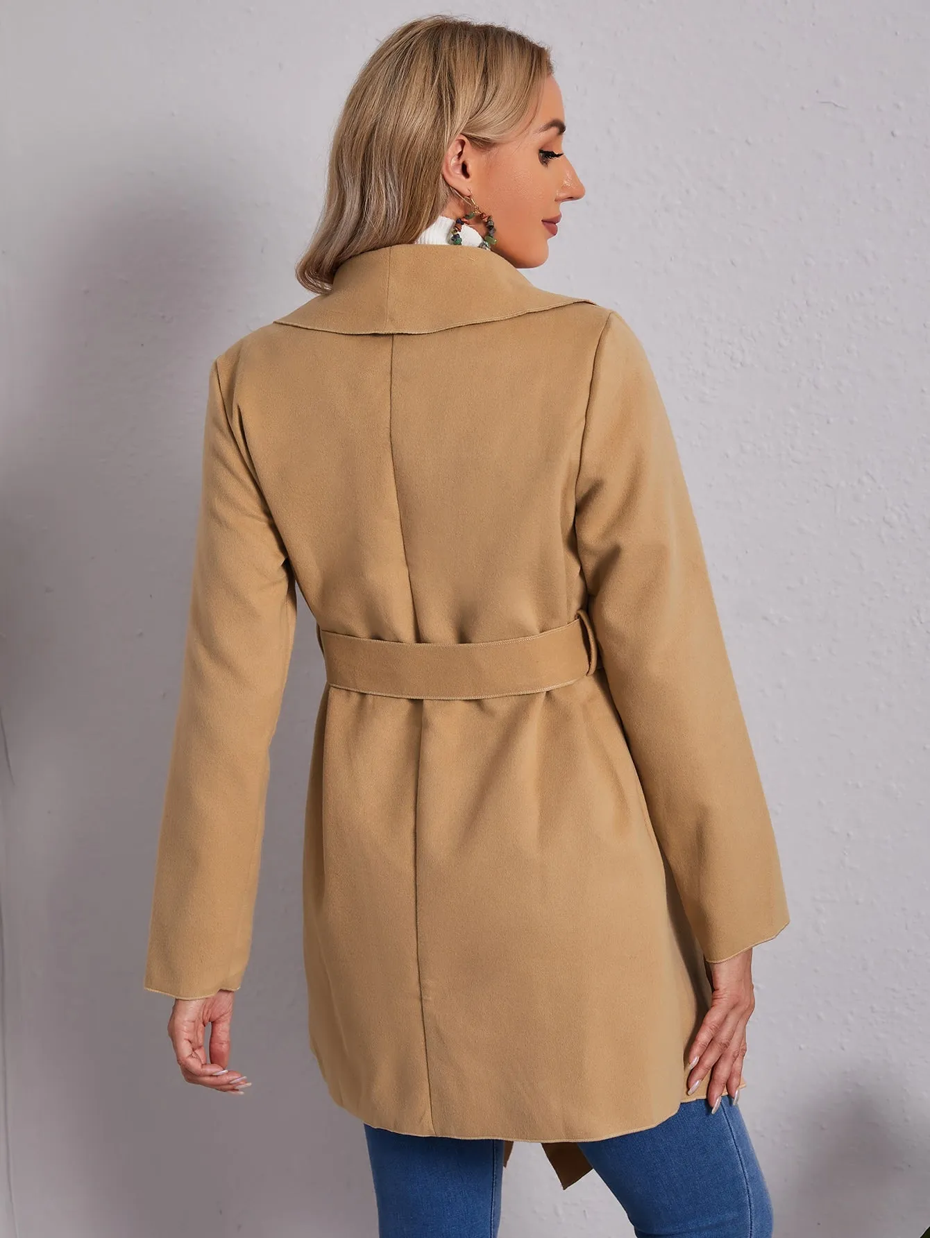 Casual Plain Belted Long Sleeve Waterfall Short Women Coat