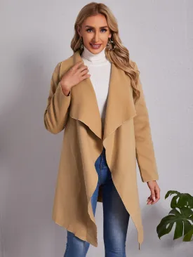 Casual Plain Belted Long Sleeve Waterfall Short Women Coat