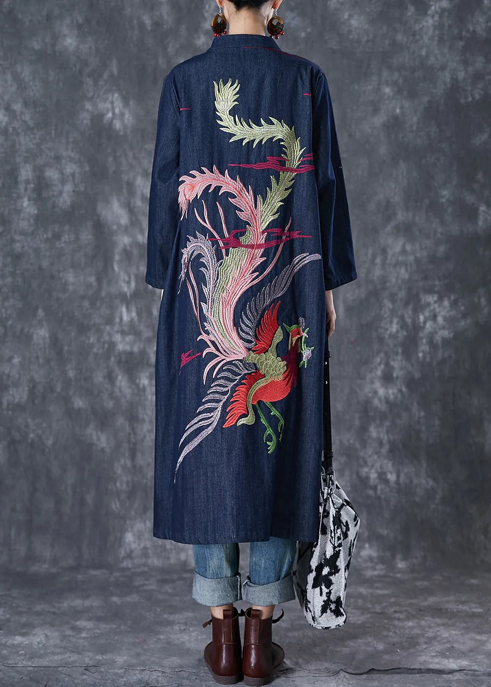 Chic Navy Phoenix Embroideried Chinese Button Denim Trench Fall ML1760