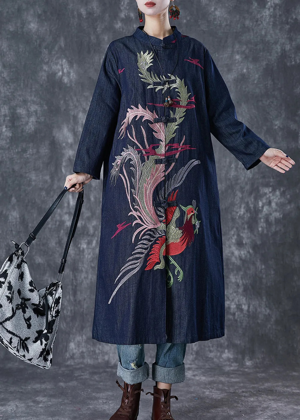 Chic Navy Phoenix Embroideried Chinese Button Denim Trench Fall ML1760