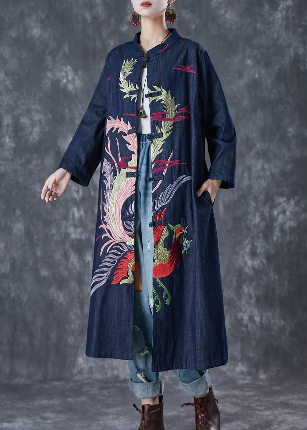 Chic Navy Phoenix Embroideried Chinese Button Denim Trench Fall ML1760