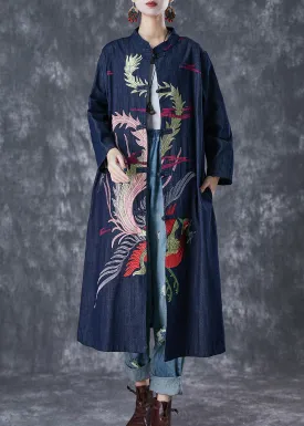 Chic Navy Phoenix Embroideried Chinese Button Denim Trench Fall ML1760