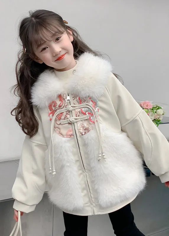 Chinese Style Beige Peter Pan Collar Embroideried Patchwork Warm Fleece Kids Coats WinterTG026